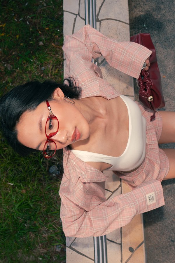 Sedate Lazy Oversized Shirt Button Top in Pink Grey Checkered