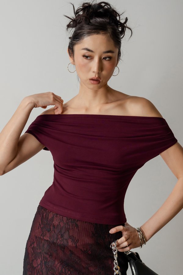 Luster Off Shoulder Top In Burgundy Red