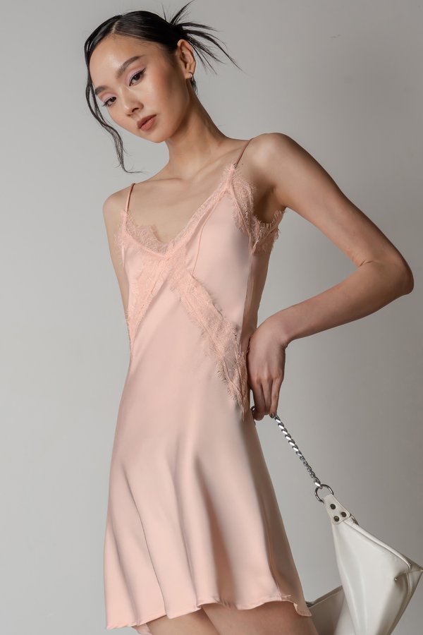 Mojo Lace Trim Mini Dress In Shell Pink