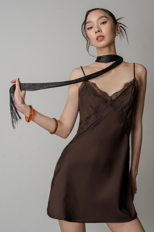 Mojo Lace Trim Mini Dress In Chocolate