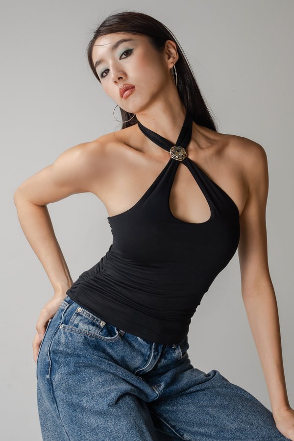 Greek Halter Detail Top In Black