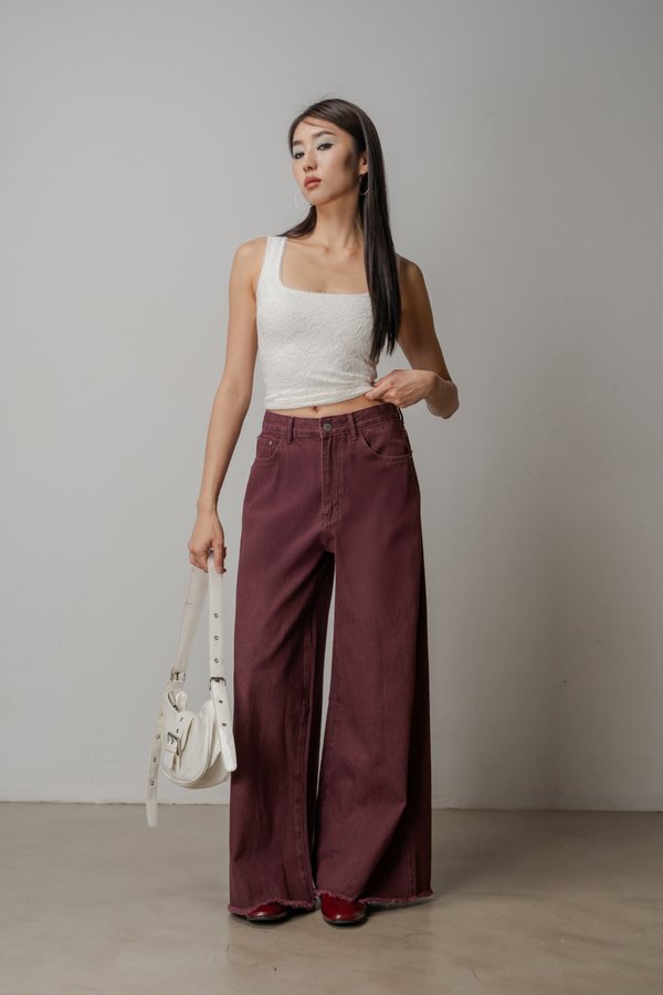 Flare Raw Hem Jeans In Vintage Burgundy