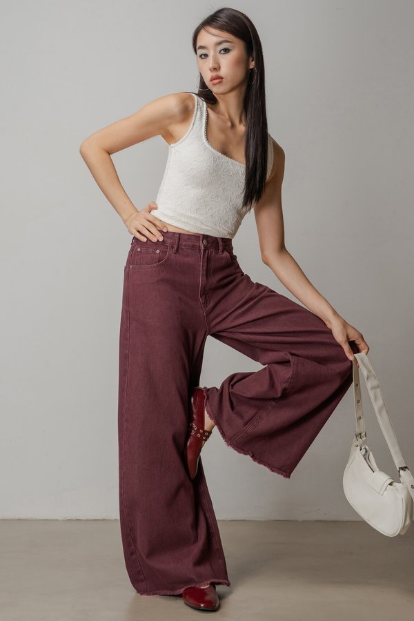 Flare Raw Hem Jeans In Vintage Burgundy