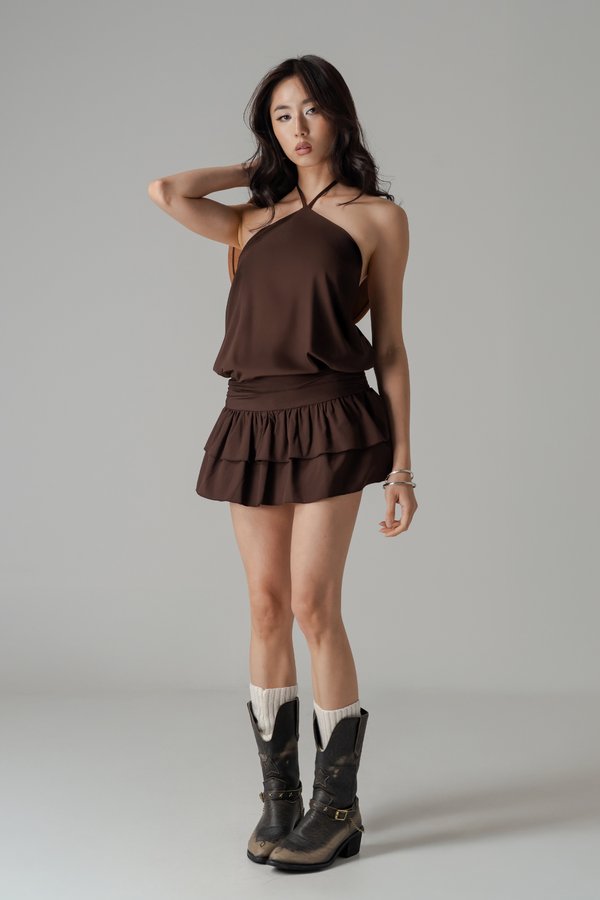 Pixie Halter Drop Waist Dress In Dark Brown