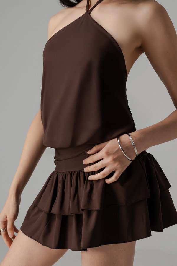 Pixie Halter Drop Waist Dress In Dark Brown