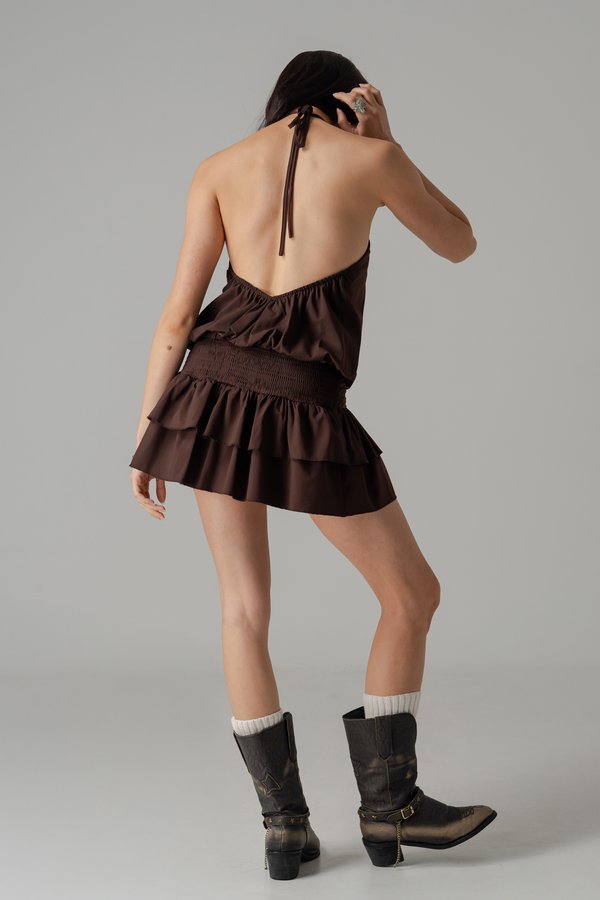 Pixie Halter Drop Waist Dress In Dark Brown