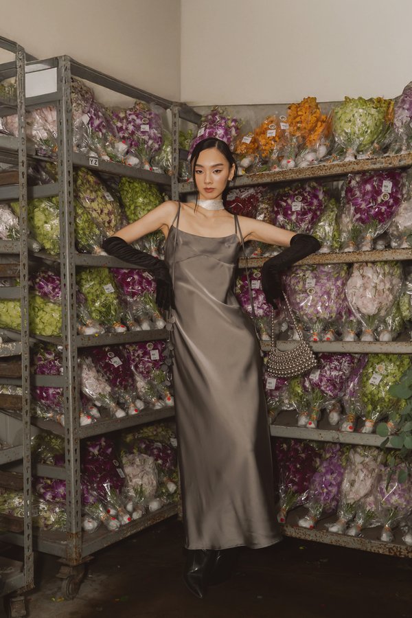 Petal Satin Maxi Dress In Chrome