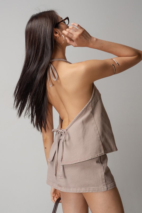 Charge Denim Halter Top In Greige