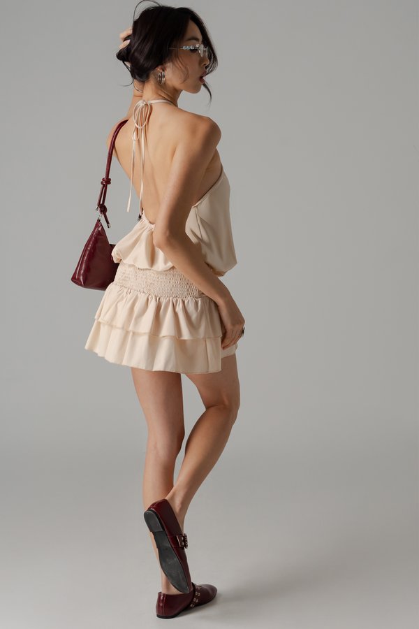 Pixie Halter Drop Waist Dress In Almond Beige