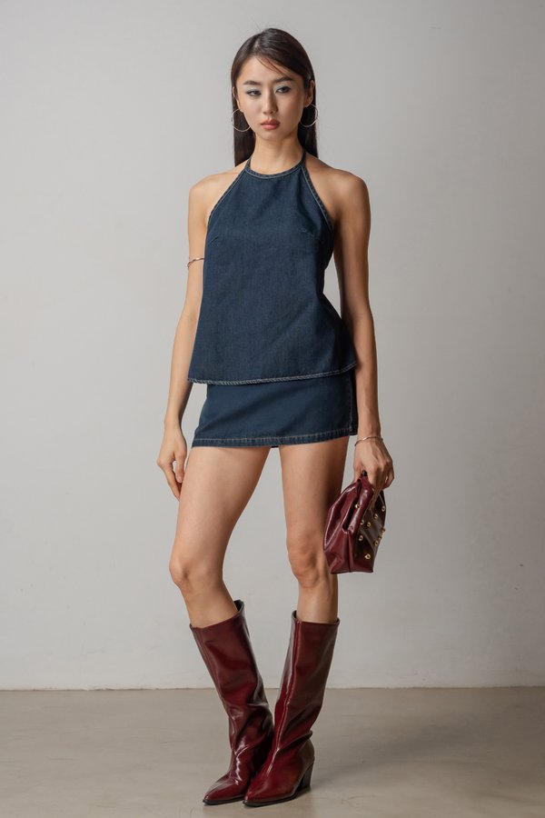 Charge Denim Halter Top In Vintage Blue
