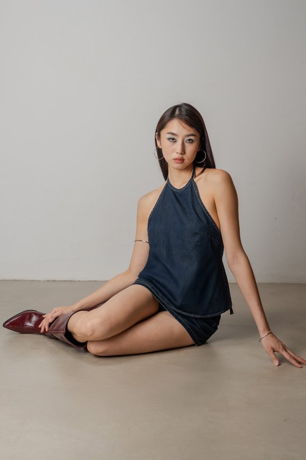 Charge Denim Halter Top In Vintage Blue