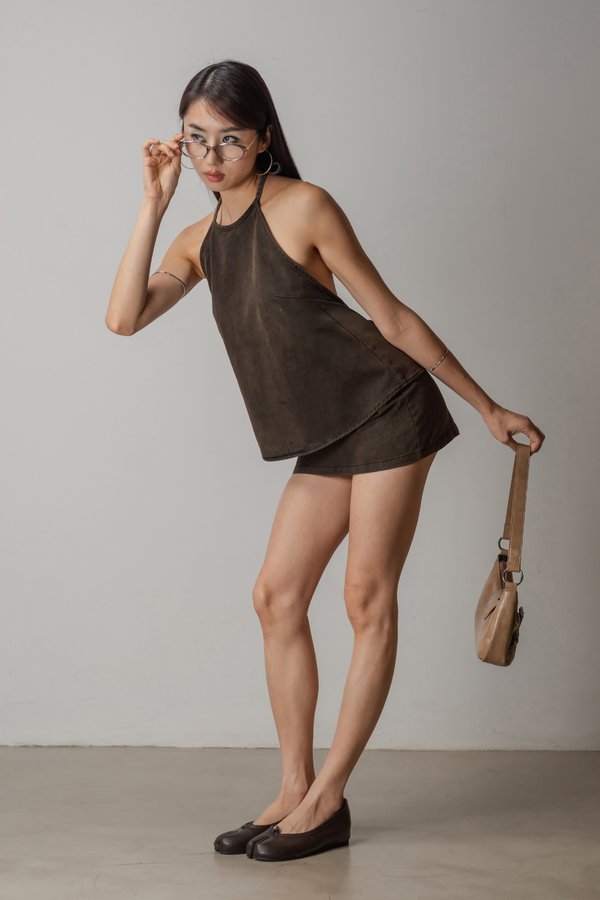Charge Denim Halter Top In Vintage Cocoa