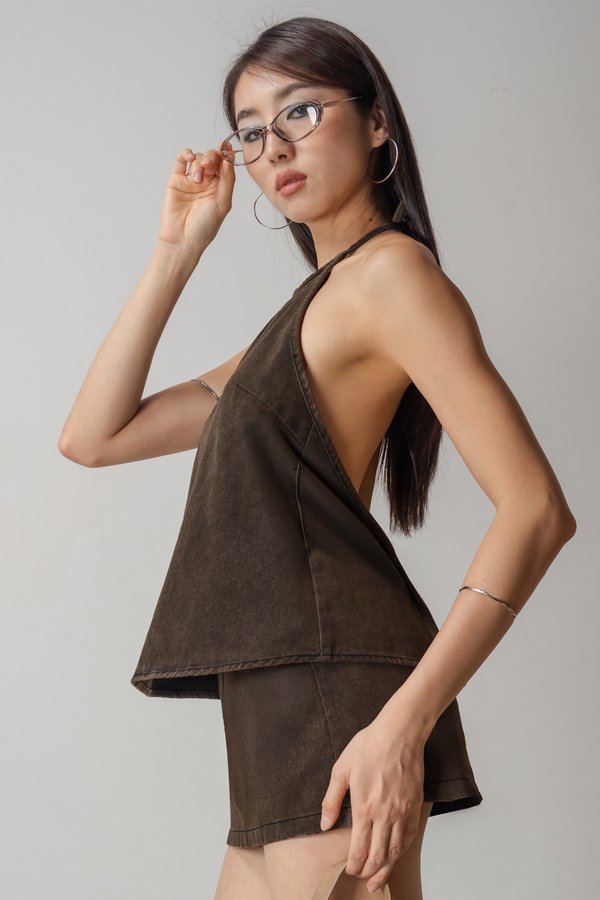 Charge Denim Halter Top In Vintage Cocoa