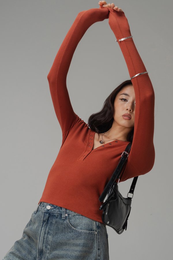 Featherlight Button Sleeve Top In Burnt Orange
