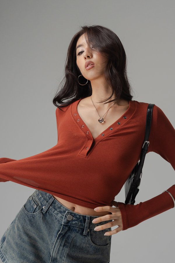 Featherlight Button Sleeve Top In Burnt Orange