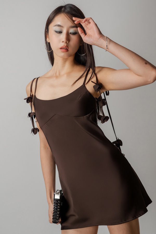 Petal Satin Mini Dress In Chocolate