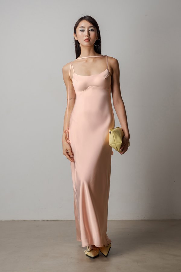 Petal Satin Maxi Dress In Shell Pink
