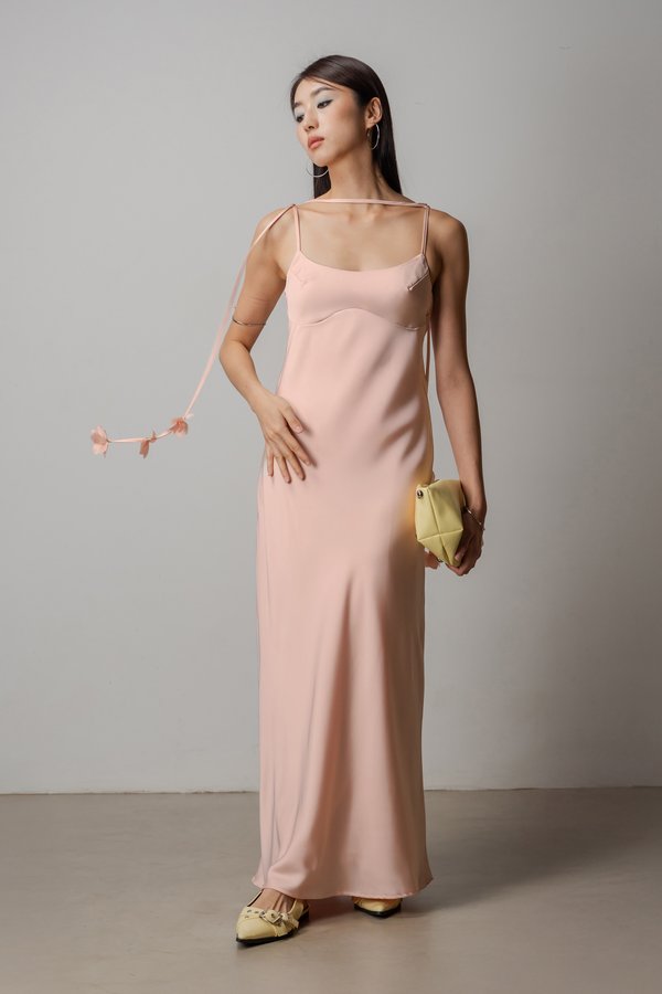 Petal Satin Maxi Dress In Shell Pink