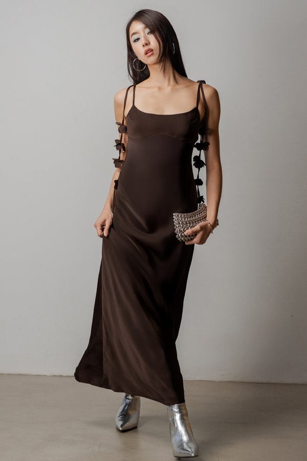 Petal Satin Maxi Dress In Chocolate