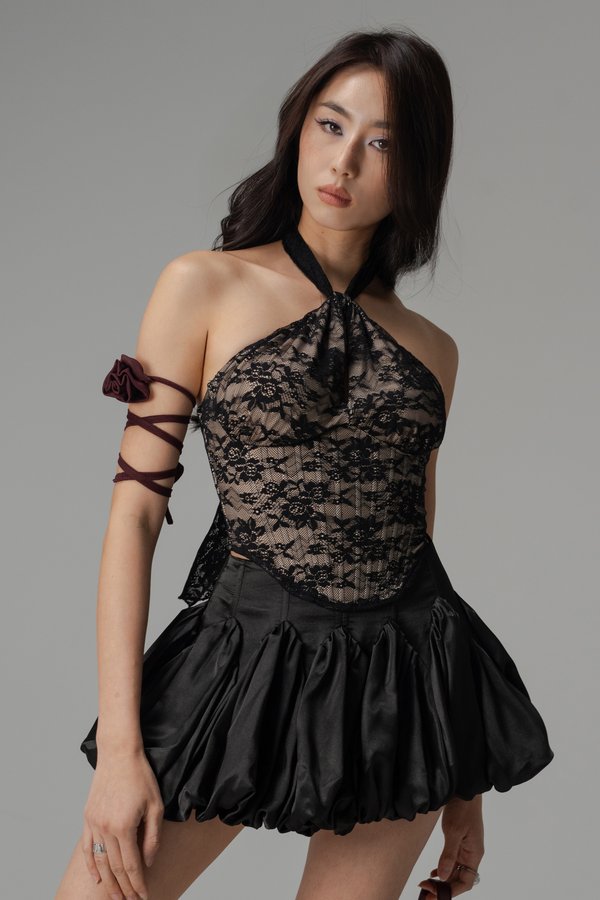 Twiddle Lace Halter Corset Top In Black With Nude