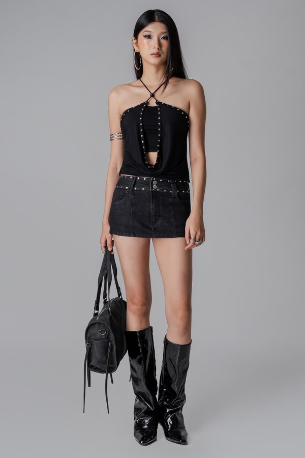 Scene Studded Denim Skirt in Black