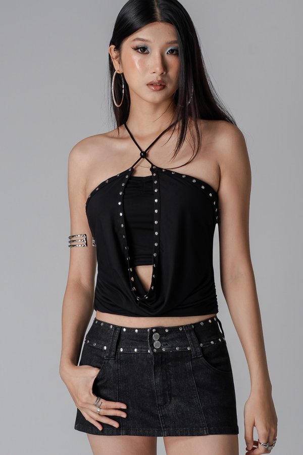 Scene Studded Denim Skirt in Black