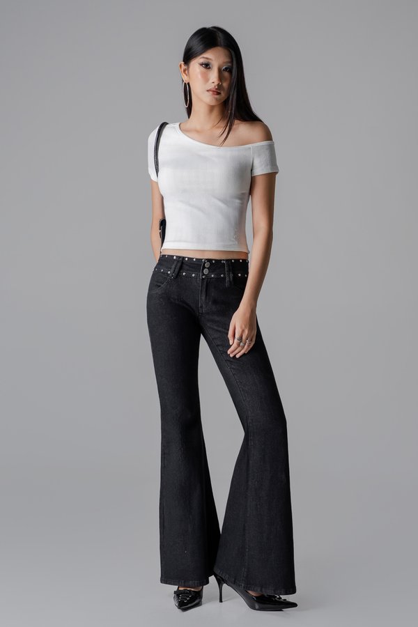 Petite It-Girl Studded Denim Flare Jeans In Black