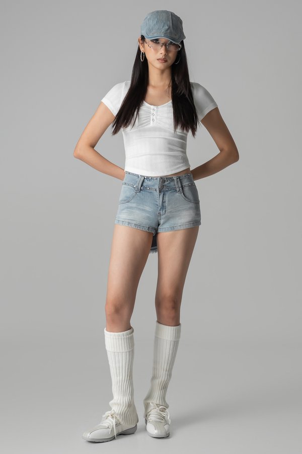 Moment Studded Denim Shorts in Light Blue