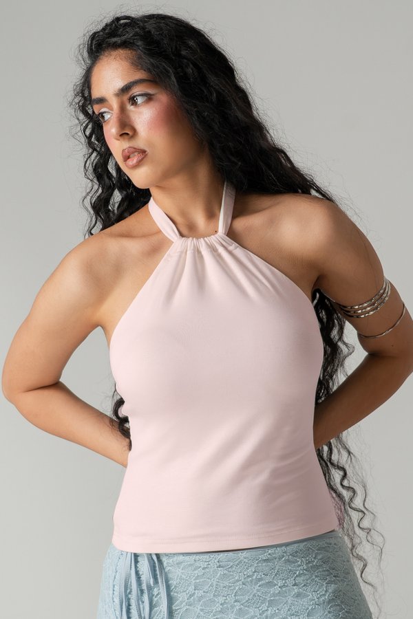 Flounce Lyocell Halter Top in Pink