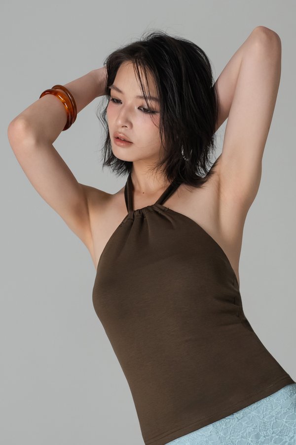 Flounce Lyocell Halter Top in Brown