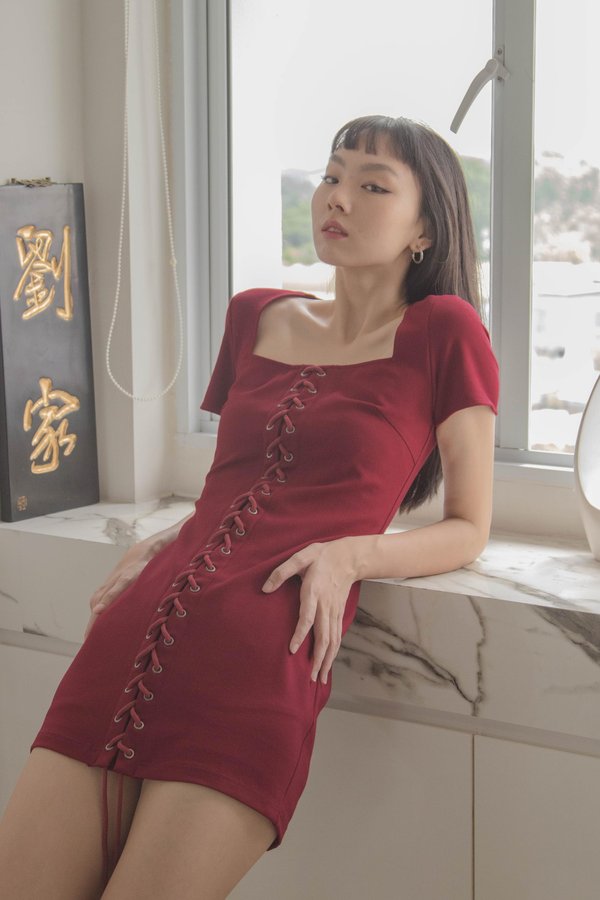Enlaced Dress in Garnet Red