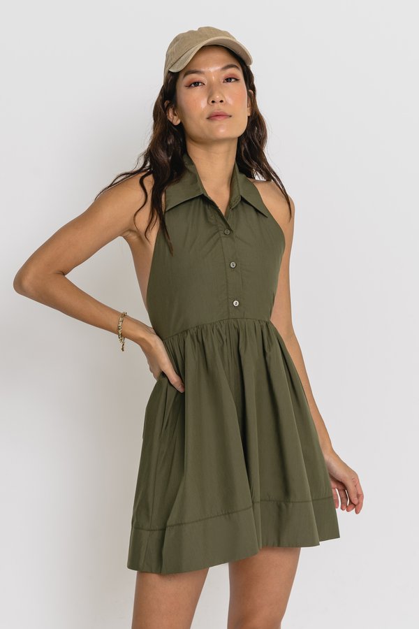 Dip Halter Dress in Olive